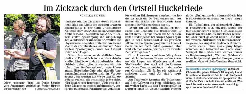 Weser Kurier, 20.06.2013 "Im Zickzack durch den Ortsteil Huckelriede" von Ilka Rickers