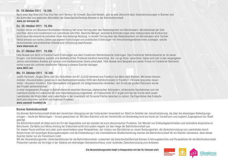 Zwischenstationen für die Bahnhofsvorstadt - Vierteilige Vortragsreihe im Oktober 2011